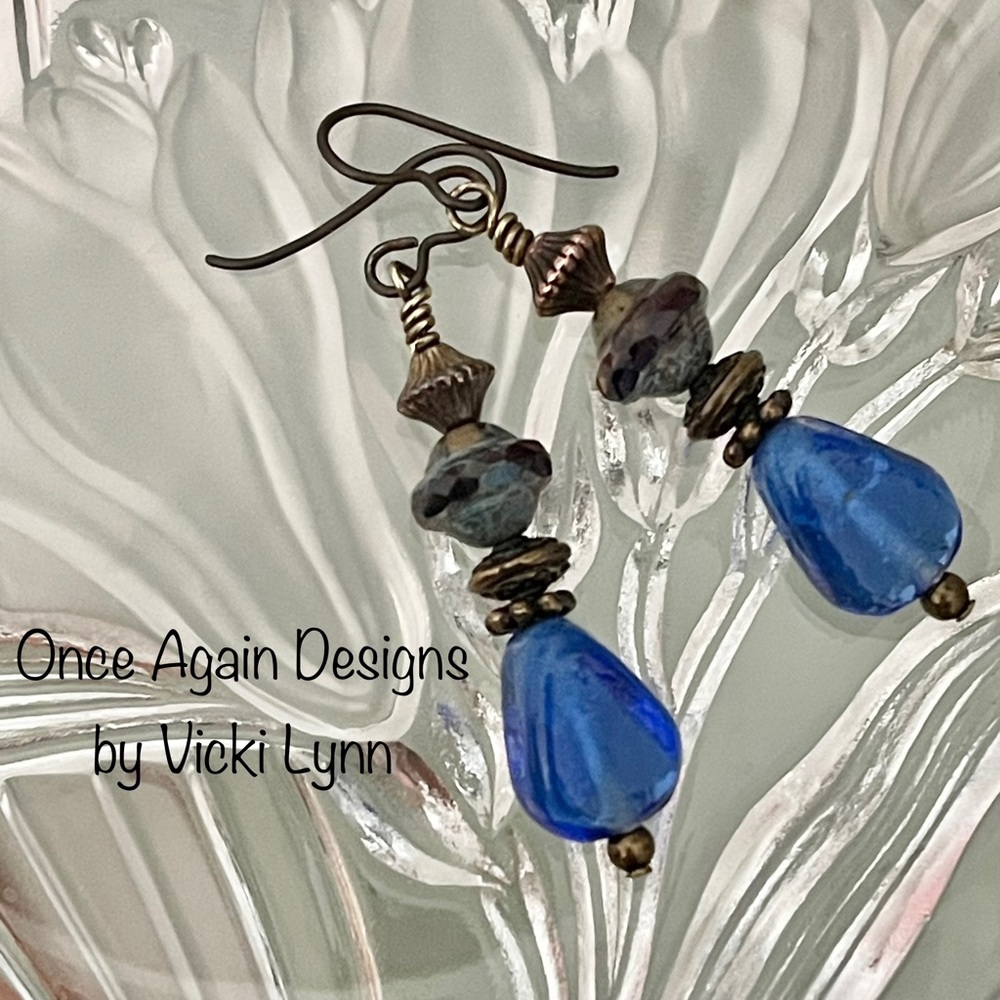 Artisan Earrings - “Brassy Cobalt Blues”Dangles - Picture 5 of 9